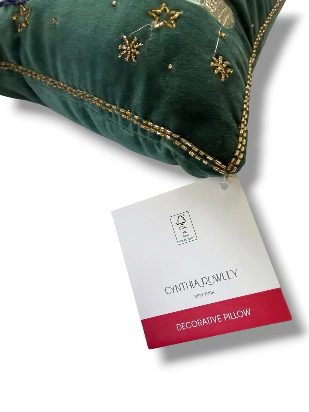NWT Cynthia Rowley Green Velvet Champagne Bottle Appliqué Pillow 12x18”